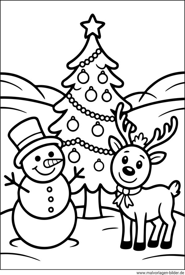 Ausmalbild Schneemann, Rentier und ein Weihnachtsbaum