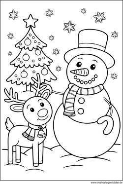 Weihnachten Schneemann und Rentier Ausmalbild für Kinder