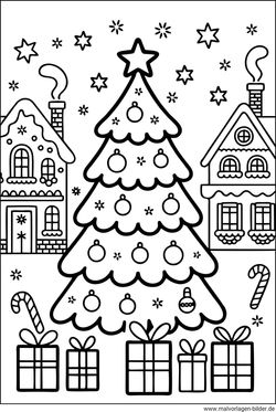 Ausmalbild Weihnachtsbaum in der Stadt