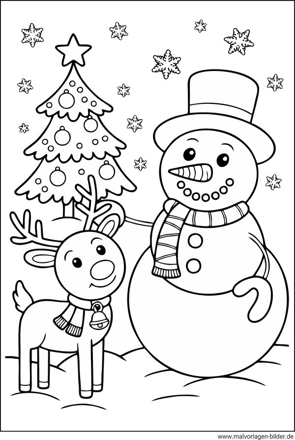 Ausmalbild Weihnachtsbaum Schneemann Rentier