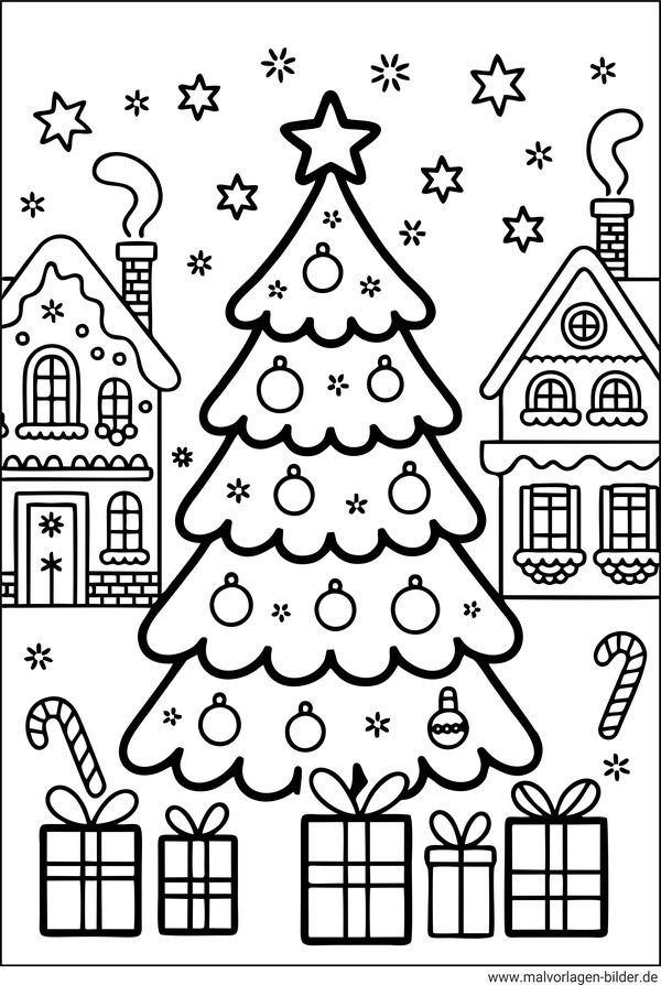 Ausmalbild Weihnachtsbaum und Sterne