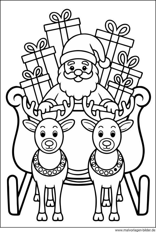 Ausmalbild Weihnachtsmann und seine Rentiere