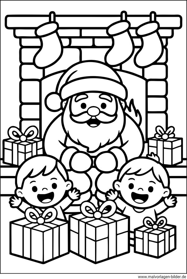Ausmalbild Weihnachtsmann verteilt Geschenke an Kinder