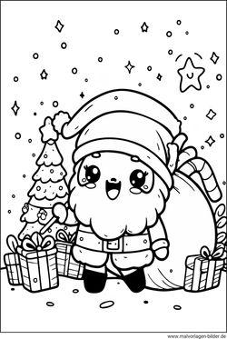 kawaii Weihnachtsmann mit einem Sack Malvorlage