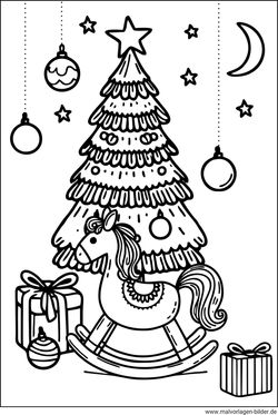 Weihnachtsbaum Geschenke Schaukelpferd Malvorlage ausdrucken