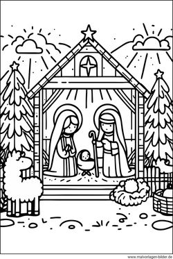 Weihnachtskrippe Ausmalbild zum Ausdrucken und malen