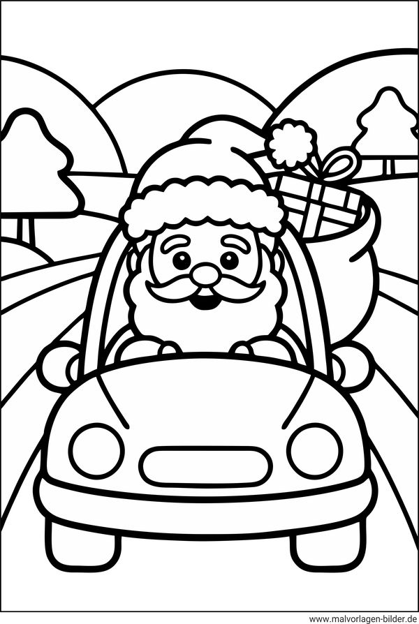 Weihnachtsmann fährt Auto Ausmalbild