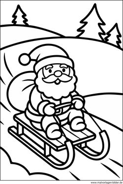 Weihnachtsmann fährt mit dem Schlitten den Berg runter Ausmalbild