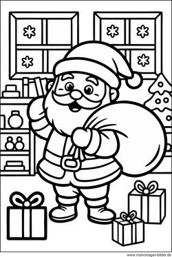 Weihnachtsmann mit Sack voller Geschenke Ausmalbild für Kinder