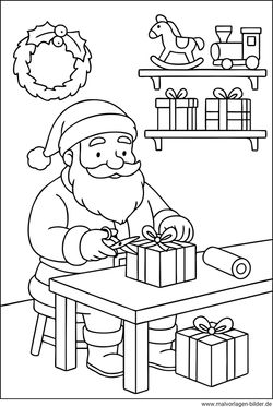 Weihnachtsmann packt Geschenke Malvorlage für Kinder