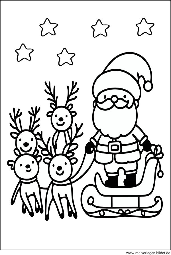 Weihnachtsmann Rentiere Ausmalbild einfach