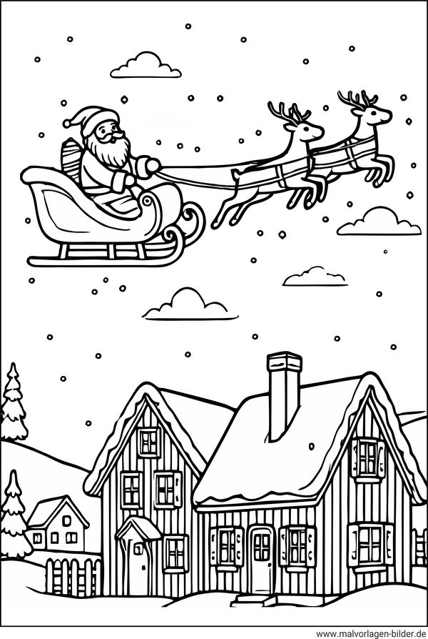 Weihnachtsmann Schlitten Rentiere Ausmalbild