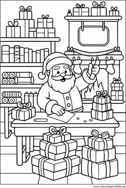 Weihnachtsmann Werkstatt Ausmalbild zum Ausmalen gratis