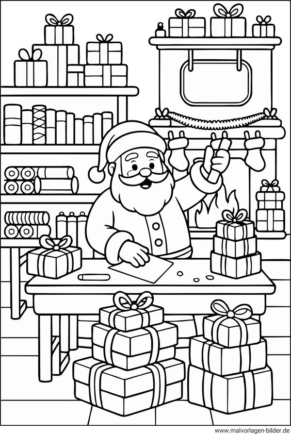 Weihnachtsmann Werkstatt Ausmalbild