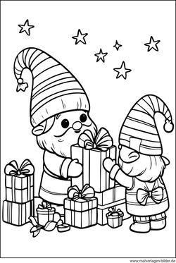 Weihnachtswichtel Geschenke Ausmalbild ausmalen