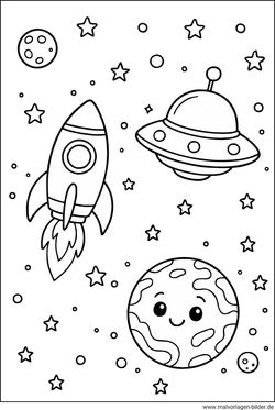 Rakete und Ufo als Ausmalbild im Weltraum