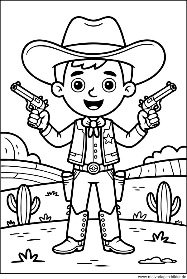 Ausmalbild Cowboy mit Pistole