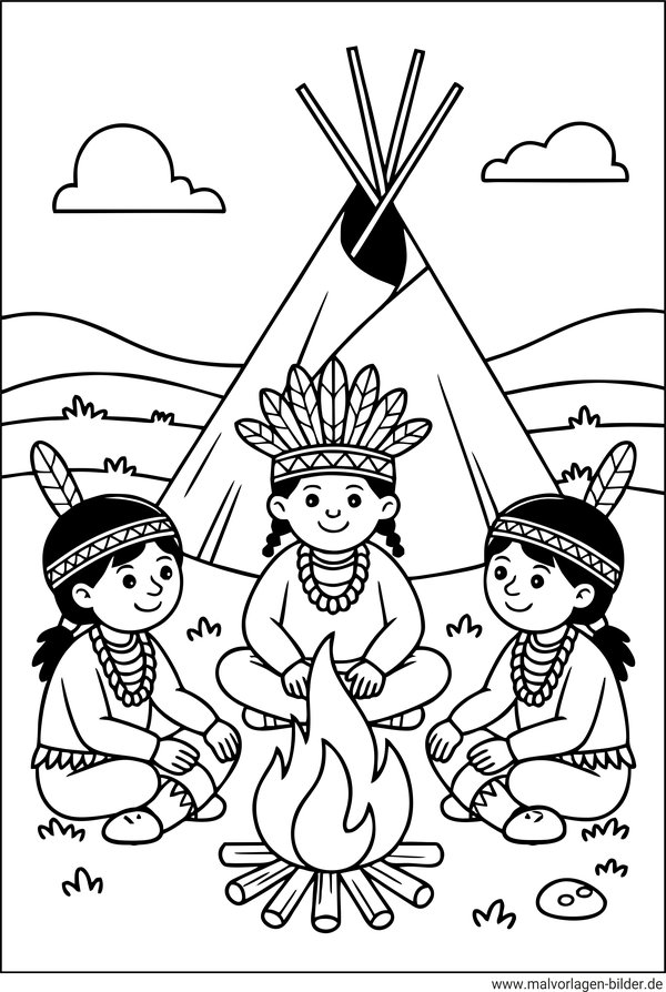 Ausmalbild Indianer und der Häuptling sitzen vor dem Indianerzelt