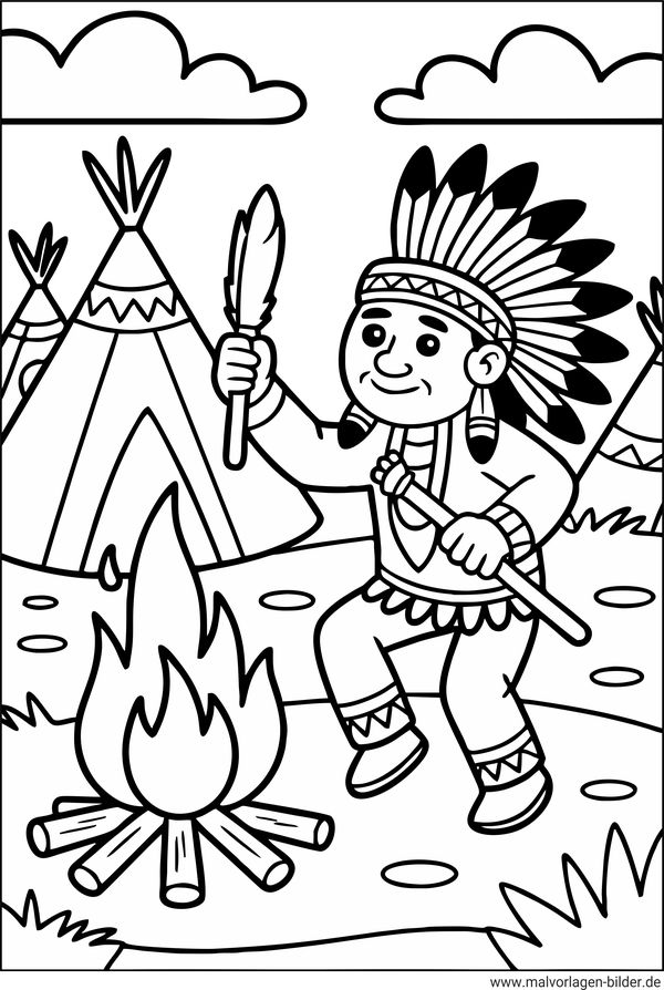 Indianer tanz ums Feuer Ausmalbild