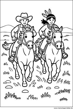 Kostenloses Ausmalbild Cowboy und Indianer reiten gemeinsam