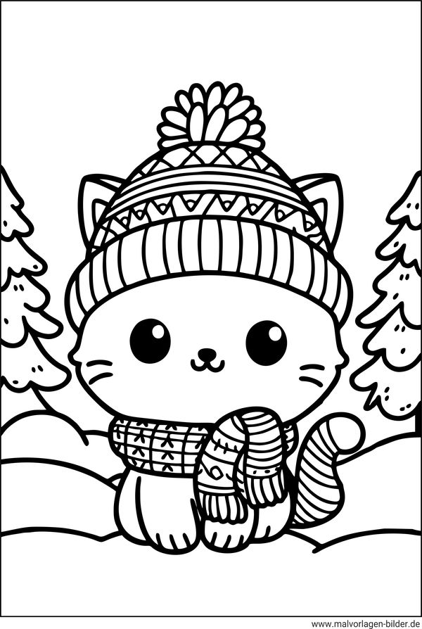 Ausmalbild Katze im Winter