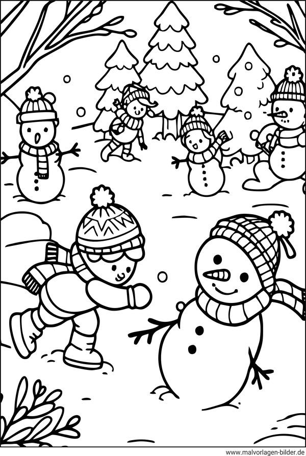 Ausmalbild Kinder spielen im Schnee