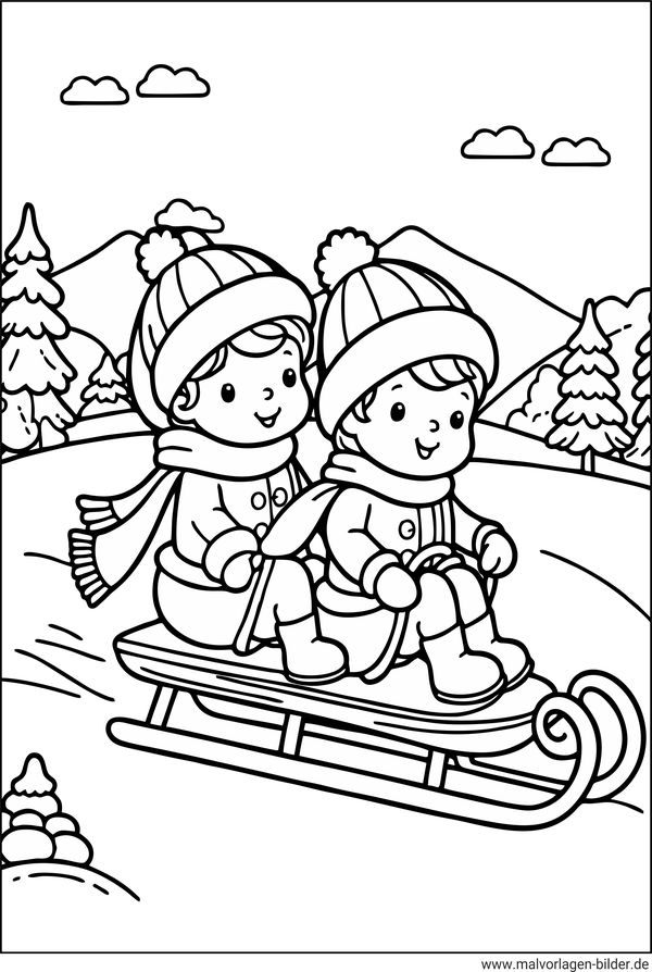 Ausmalbild Schlittenfahren Winter