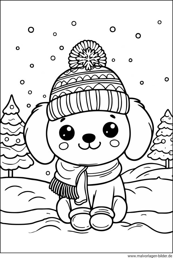 Ausmalbild süßer Hund im Winter