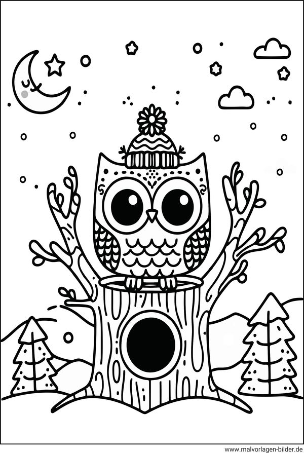 Eule im Winter Ausmalbild