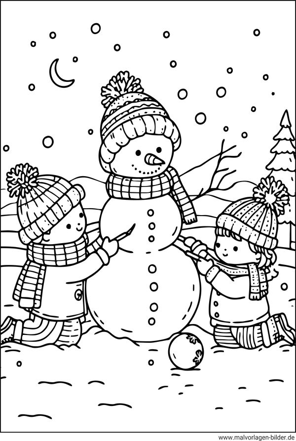 Kinder bauen einen Schneemann Malvorlage