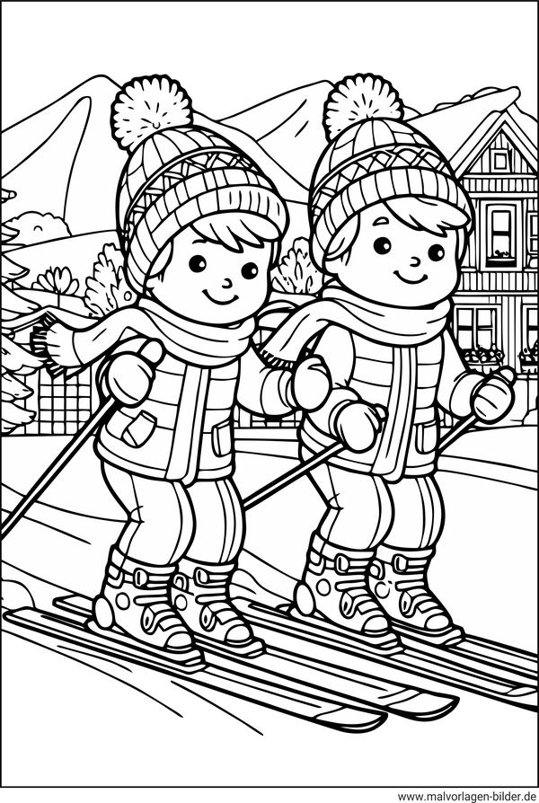 Kinder fahren Ski Ausmalbild