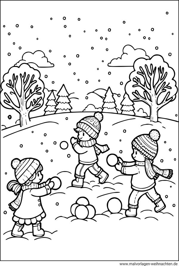 Schneeballschlacht im Winter Ausmalbild