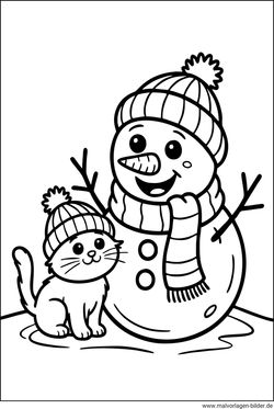 Schneemann Katze Winter Ausmalbild