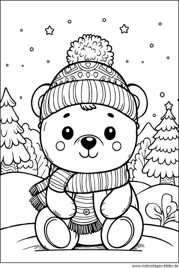 Teddybär im Winter Ausmalbild