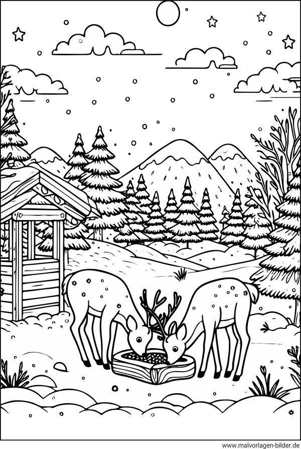 Wald im Winter Rehe Ausmalbild Erwachsene