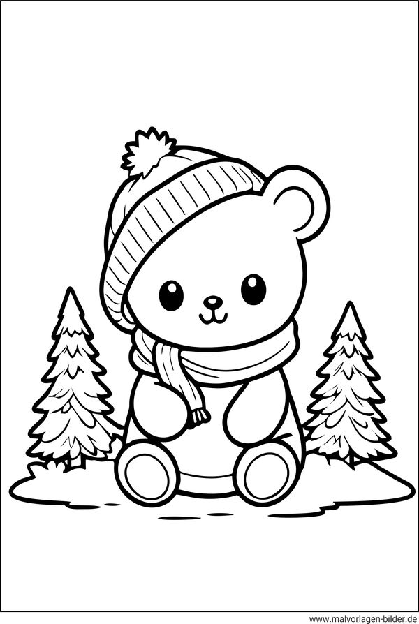 Winter Ausmalbild mit dem kleinen Bär