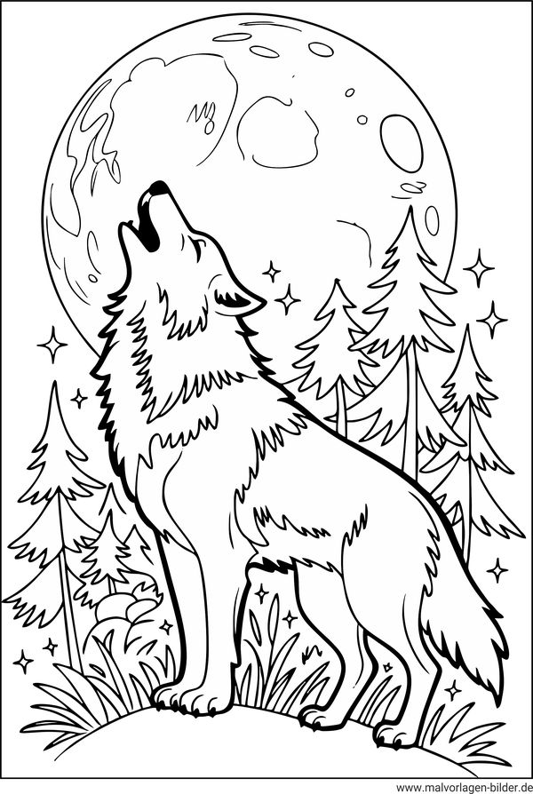 Ausmalbild Wolf und Mond
