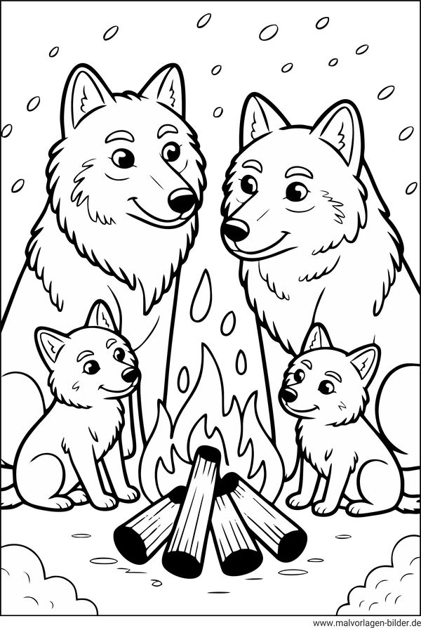 Ausmalbild Wolfsfamilie am Lagerfeuer