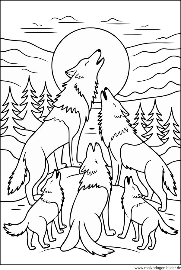 Ausmalbild Wolfsfamilie