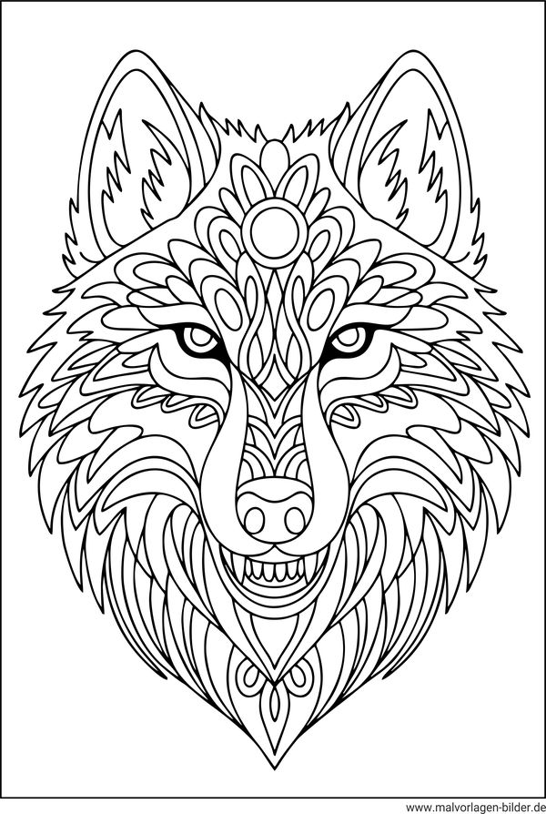Ausmalbild Wolfskopf mit Muster