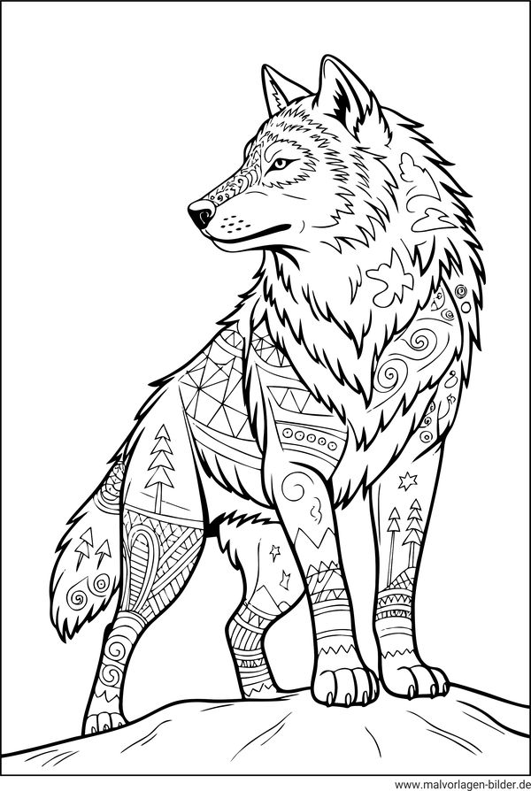 Wolf mit Mustern und Symbolen Ausmalbild für Erwachsene