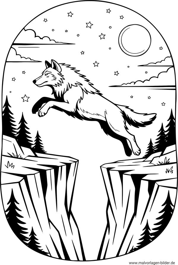 Wolf springt über eine Klippe Ausmalbild